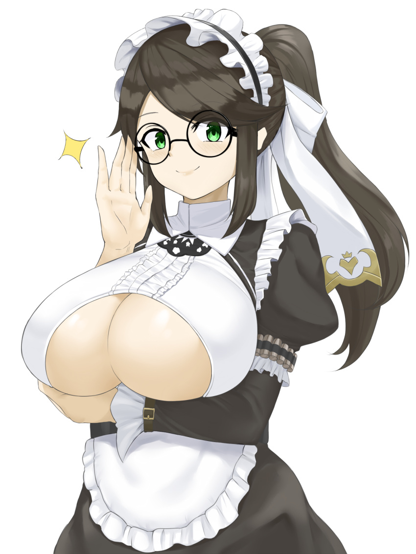 1girl, adjusting_eyewear, bangs, blush, breasts, brown_hair, closed_mouth, eyebrows_visible_through_hair