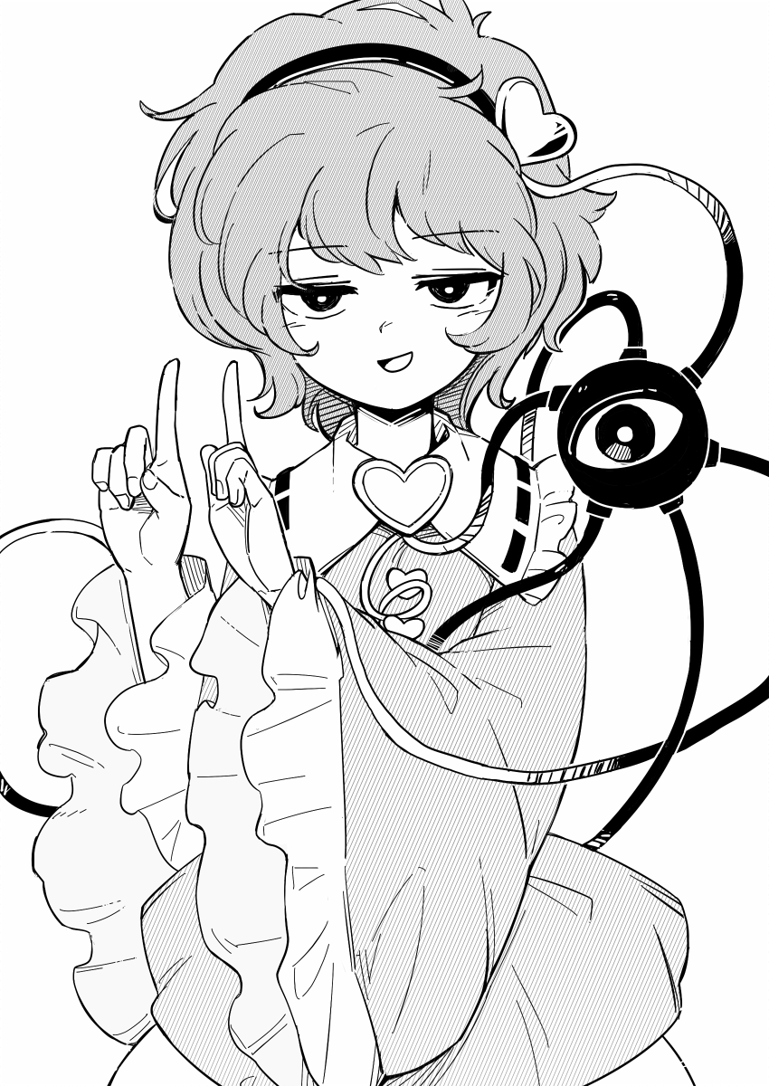blouse, buttons, cowboy_shot, eyeball, eyebrows_visible_through_hair, frilled_shirt_collar, frills, hair_ornament, hairband, heart, heart_hair_ornament, heart_of_string, highres, komeiji_satori, long_sleeves, looking_at_viewer, maguro_(mawaru_sushi), monochrome, open_mouth, ribbon-trimmed_collar, ribbon_trim, short_hair, third_eye, touhou, wide_sleeves