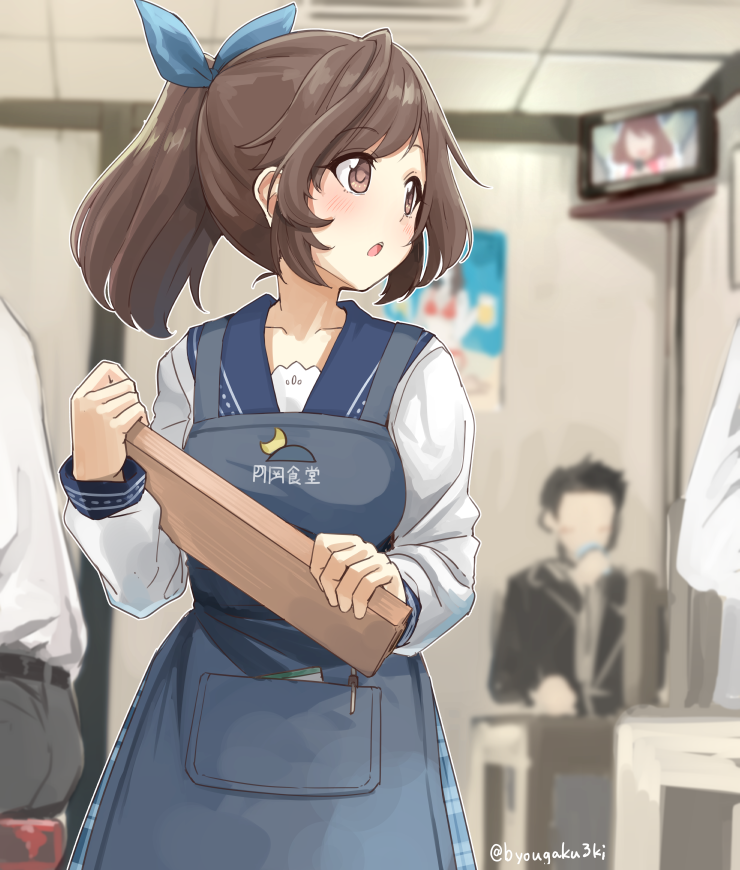1girl, apron, blush, bow, brown_eyes, brown_hair, byougaku, hair_bow, idolmaster, idolmaster_shiny_colors, indoors, long_hair, long_sleeves, looking_to_the_side, ponytail, poster_(object), solo, television, tsukioka_kogane, younger