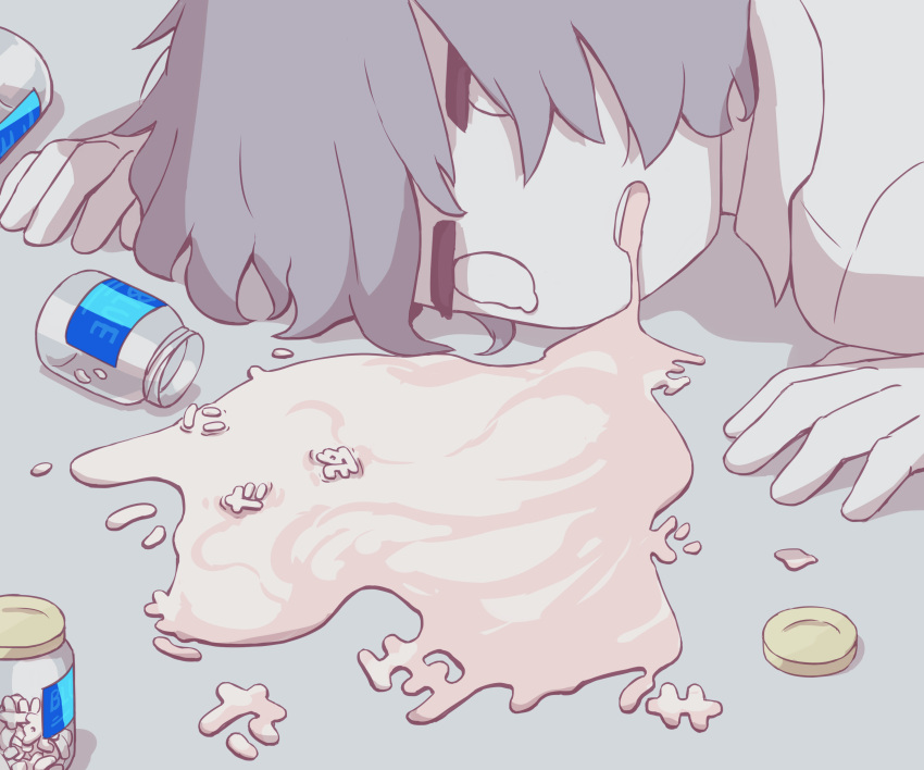 1boy, absurdres, avogado6, collared_shirt, drugs, grey_background, grey_hair, highres, jitome, lying, male_focus, on_stomach, original, overdose, pill_bottle, shirt, solo, vomit, vomiting, white_eyes, white_shirt, white_skin, wing_collar