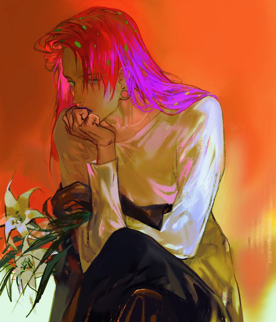 1boy, diavolo, earrings, flower, green_eyes, head_rest, jewelry, jojo_no_kimyou_na_bouken, long_hair, long_sleeves, pink_hair, polka_dot_hair, shirt, sitting, solo, torihino1, vento_aureo, white_flower, white_shirt
