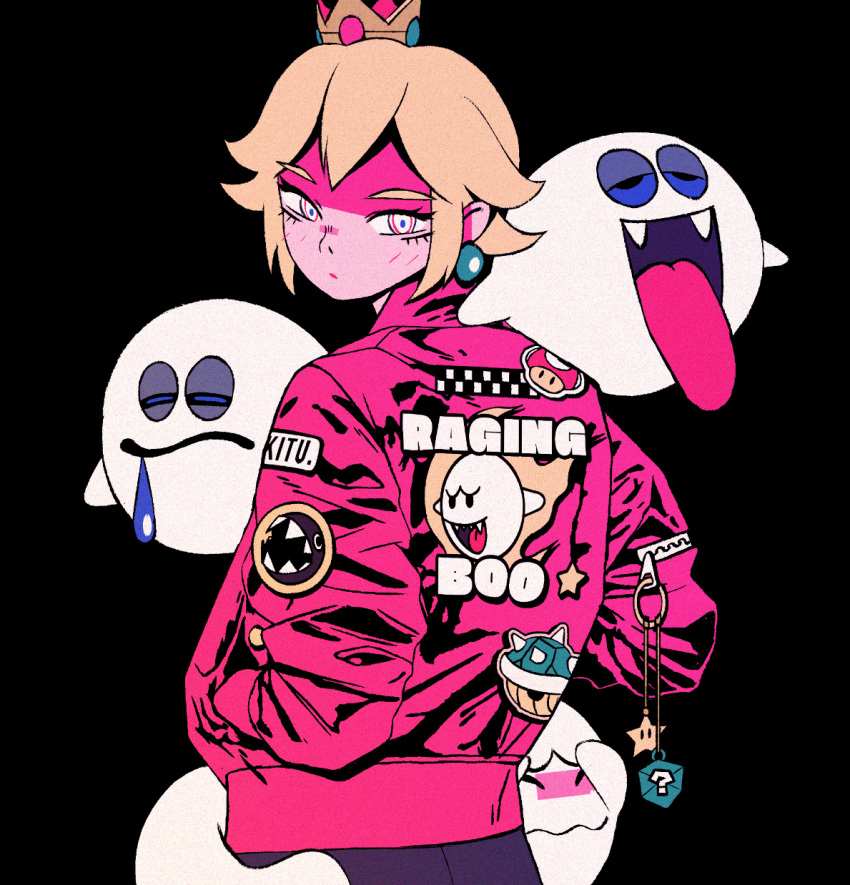 1girl, 3others, alternate_costume, alternate_hair_length, alternate_hairstyle, arkestar, bangs, black_background, blonde_hair, boo, chain_chomp, crown, earrings, fangs, from_behind, hands_in_pockets, highres, jacket, jewelry, looking_back, super_mario_bros., multiple_others, open_mouth, pink_jacket, princess_peach, short_hair, simple_background, smile, spiked_shell, star_(symbol), super_mushroom, tongue, tongue_out, white_eyes, zipper, zipper_pull_tab