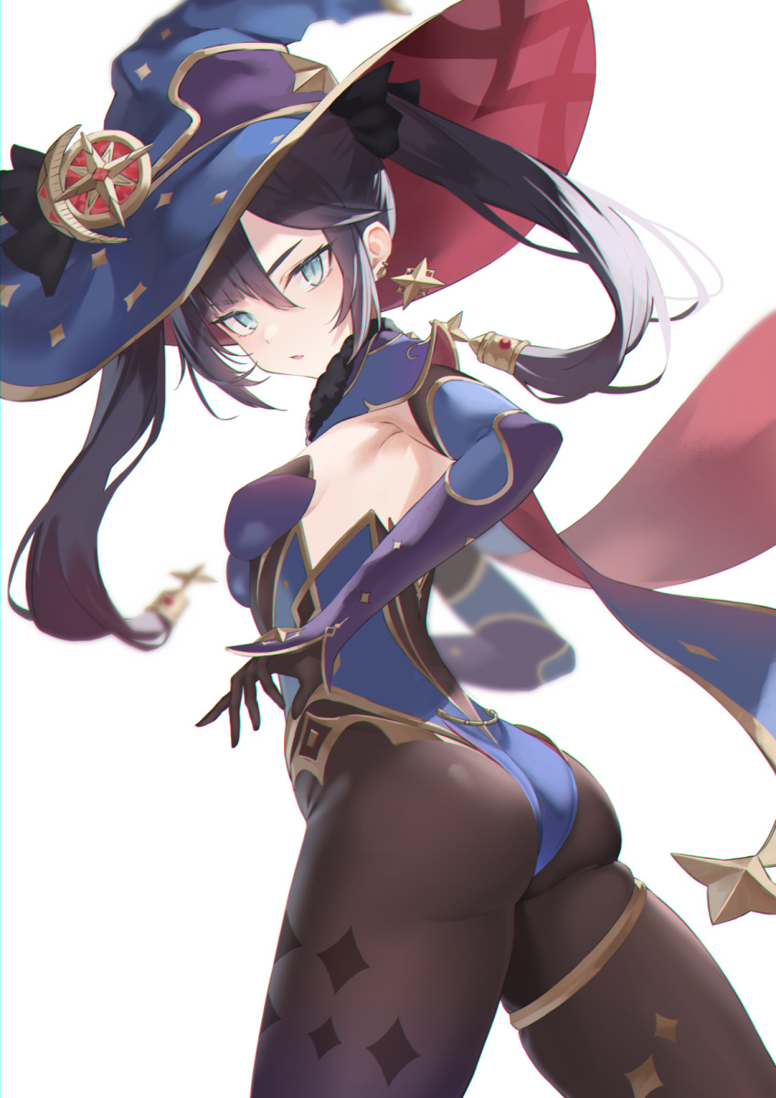 1girl, aqua_eyes, ass, bangs, black_hair, black_legwear, blush, breasts, earrings, genshin_impact, gloves, hair_ornament, hat, highres, jewelry, koga_taiga, leotard, long_hair, looking_at_viewer, looking_back, mona_(genshin_impact), pantyhose, simple_background, small_breasts, solo, thighs, twintails, white_background, witch_hat