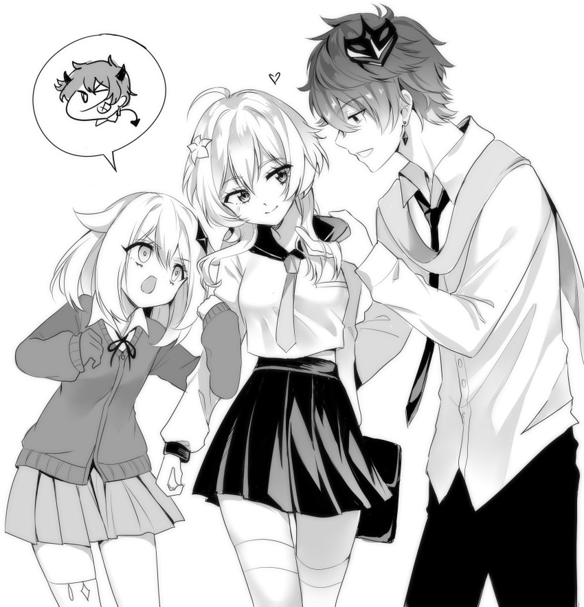 1boy, 2girls, absurdres, breasts, buttons, childe_(genshin_impact), closed_mouth, collared_shirt, earrings, english_commentary, genshin_impact, greyscale, highres, jewelry, looking_at_another, lumine_(genshin_impact), medium_breasts, monochrome, multiple_girls, necktie, open_mouth, paimon_(genshin_impact), pants, pleated_skirt, sailor_collar, school_uniform, serafuku, shirt, skirt, small_breasts, smile, speech_bubble, standing, sweater_vest, thigh-highs, yaya_chan