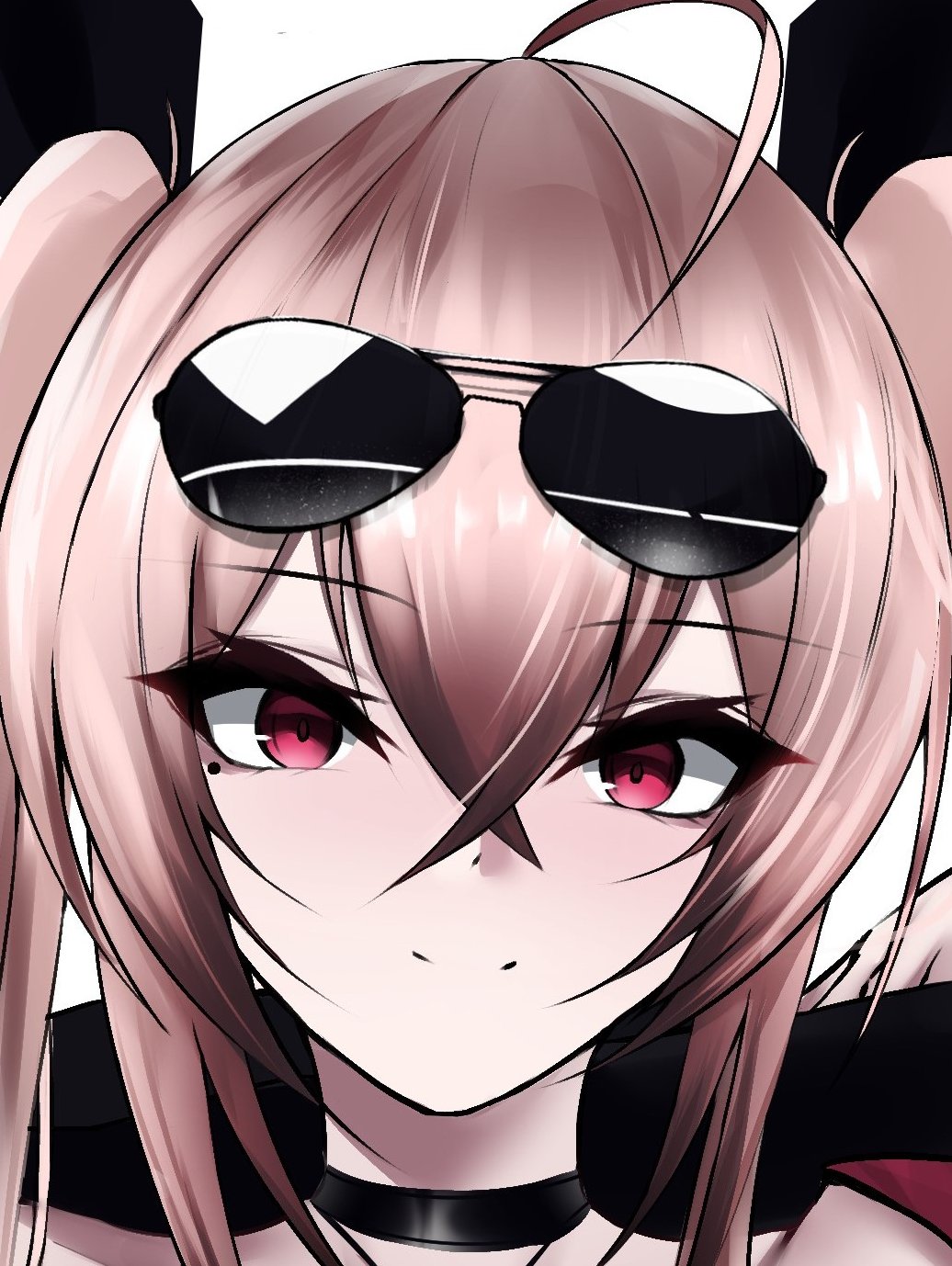 1girl, ahoge, bangs, bikini, black_jacket, choker, crossed_bangs, eyebrows_visible_through_hair, eyewear_on_head, highres, jacket, kyle_(kysizzle), mole, mole_under_eye, multi-strapped_bikini, original, pink_hair, red_eyes, sidelocks, smile, solo, sunglasses, swimsuit