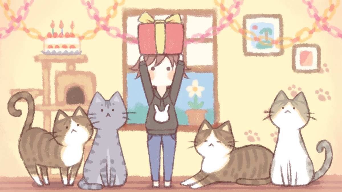 1girl, :<, animal, arms_up, barefoot, birthday_cake, black_hoodie, blue_pants, blush_stickers, box, brown_hair, cake, candle, cat, cat_tower, closed_eyes, closed_mouth, day, drawstring, fire, flower, flower_pot, food, gift, gift_box, holding, holding_gift, hood, hood_down, hoodie, indoors, open_window, original, pants, paper_chain, plant, potted_plant, sakurato_ototo_shizuku, solid_circle_eyes, solo, standing, white_flower, window