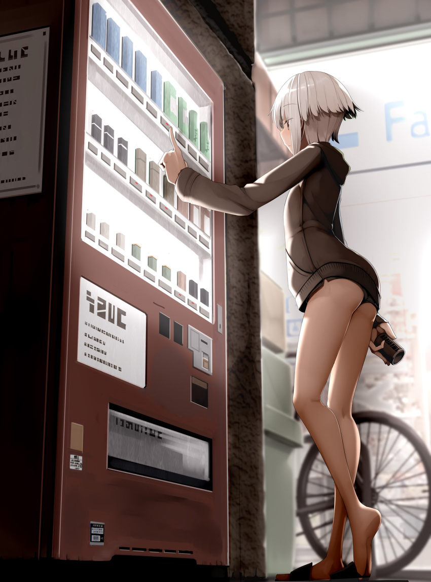 1girl, ass, bangs, bicycle, can, eyebrows_visible_through_hair, flat_chest, genek