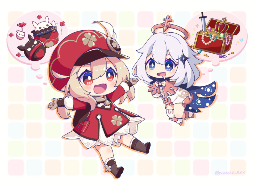 2girls, asymmetrical_legwear, ayao_(axt1224), backpack, bag, beads, blue_cape, blue_eyes