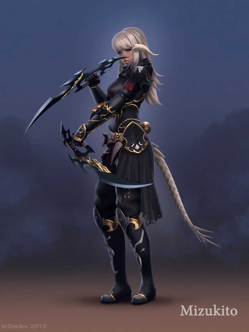 1girl, arm_guards, armor, au_ra, bangs, blue_eyes, breasts, commission