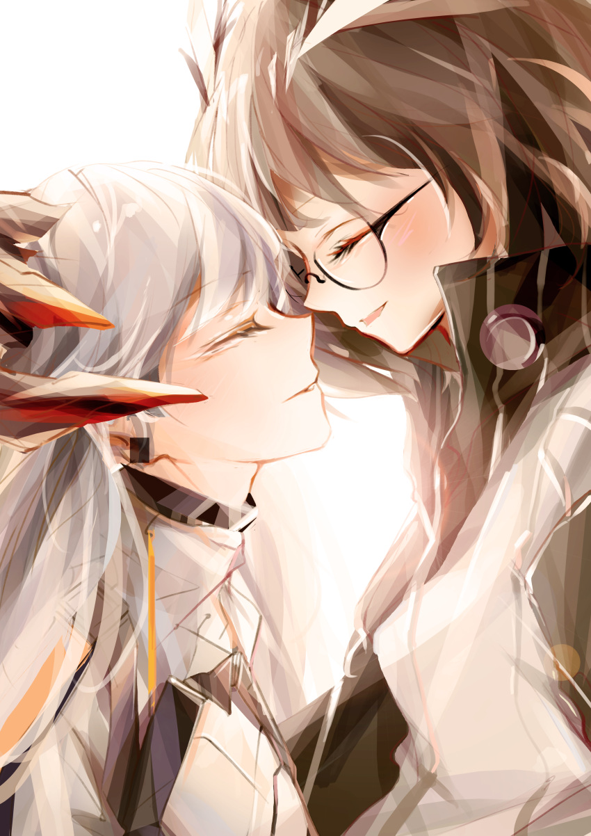 2girls, absurdres, arknights, bangs, brown_hair, chinese_commentary, closed_eyes, commentary_request