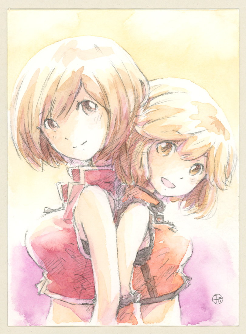 2girls, back-to-back, bare_shoulders, breasts, brown_eyes, brown_hair, commentary, crop_top