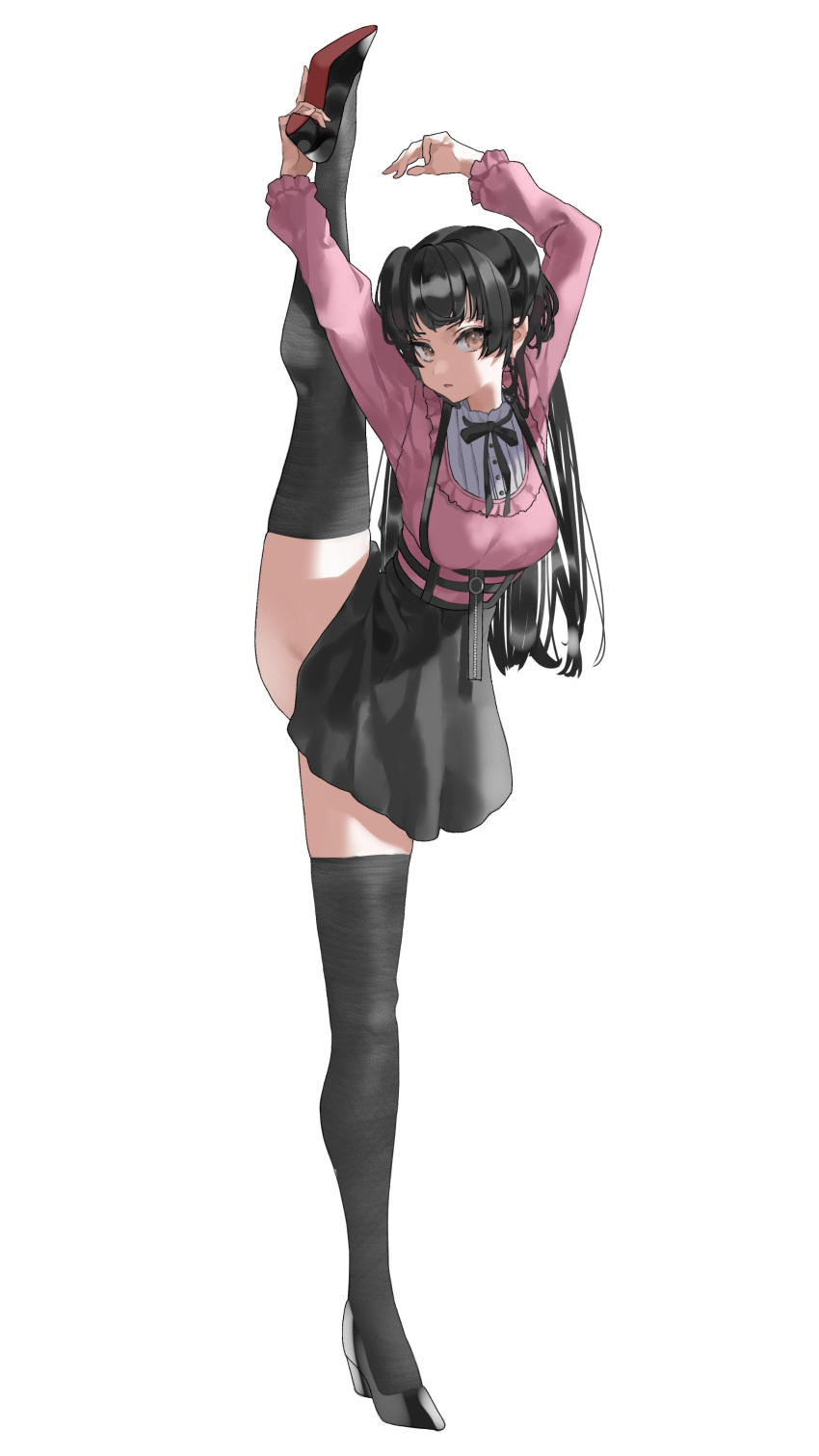 1girl, absurdres, bangs, black_hair, blouse, brown_eyes, ekitabu_hosii, high_heels