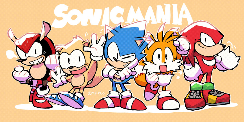 5boys, animal_ears, armadillo_ears, clenched_hands, commentary, copyright_name, fox_ears, fox_tail