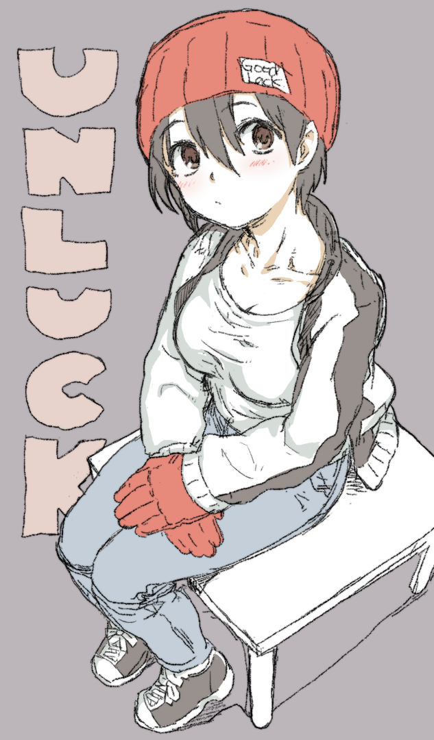 1girl, beanie, black_hair, brown_eyes, denim, gloves, grey_background, hat