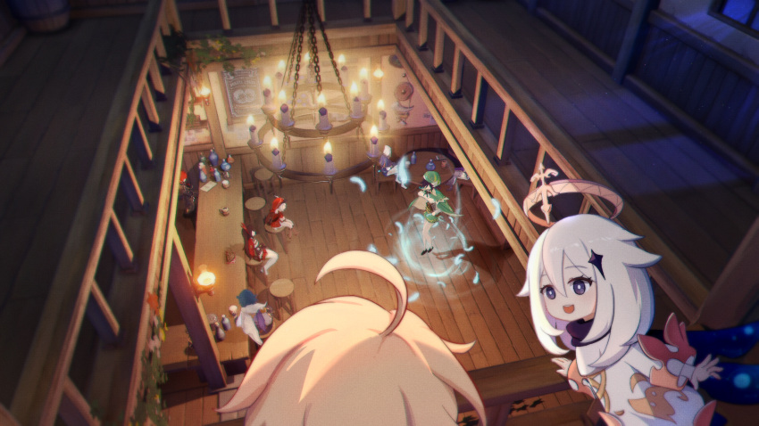 4boys, 4girls, aether_(genshin_impact), ahoge, alcohol, amber_(genshin_impact), aura, bar_stool