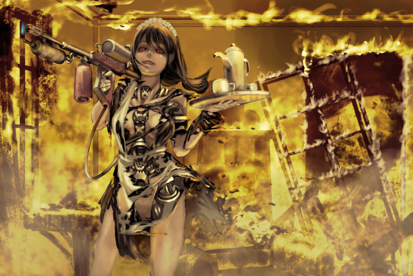 1girl, black_hair, burning, commentary_request, cup, damaged, evil_grin, evil_smile