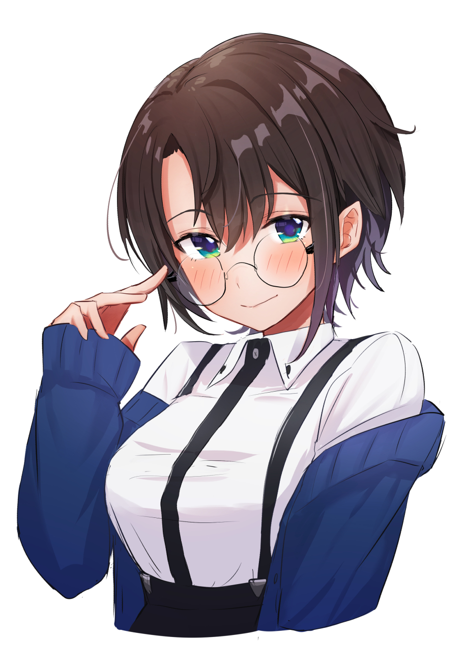 1girl, alternate_costume, bangs, bespectacled, blush, breasts, brown_hair, coat