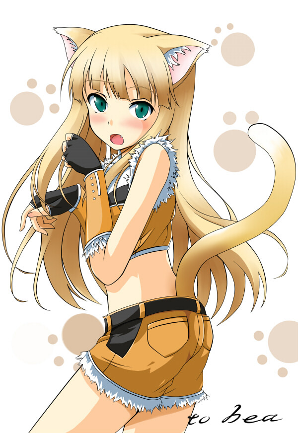 1girl, animal_ear_fluff, animal_ears, back, bangs, belt, black_gloves, blonde_hair, blunt_bangs, blush, cat_ears, cat_girl, cat_tail, cecil_damon, commentary_request, cowboy_shot, embarrassed, eyebrows_visible_through_hair, fang, fingerless_gloves, fur-trimmed_crop_top, fur-trimmed_gloves, fur-trimmed_shorts, fur_trim, gloves, green_eyes, hair_between_eyes, kemonomimi_mode, kuroma_(no_plan), long_hair, looking_at_viewer, looking_back, open_mouth, paw_pose, paw_print_background, ragnarok_online, short_hair, short_shorts, shorts, simple_background, sniper_(ragnarok_online), solo, standing, tail, white_background, yellow_gloves, yellow_shorts