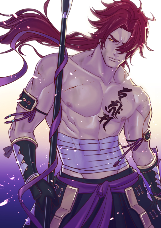 1boy, black_gloves, cowboy_shot, gloves, hair_over_one_eye, looking_at_viewer, male_focus, muscle, nipples, orange_eyes, ponytail, redhead, sakakibara_mizuki, sarashi, scar, solo, tattoo, tonbokiri, tonbokiri_(touken_ranbu), touken_ranbu, white_background, wind