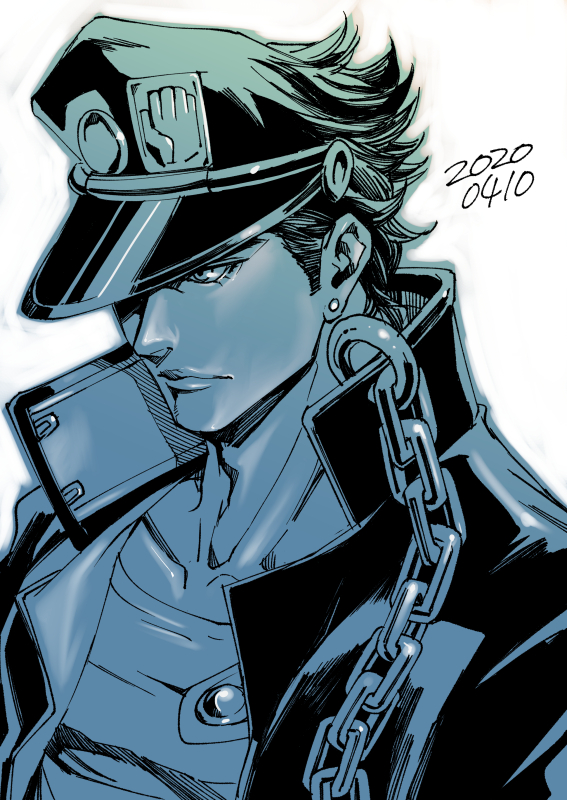 1boy, black_hair, black_jacket, chain, earrings, hat, jacket, jewelry, jojo_no_kimyou_na_bouken, kuujou_joutarou, male_focus, monochrome, sakakibara_mizuki, solo, stardust_crusaders, stud_earrings, upper_body, white_background