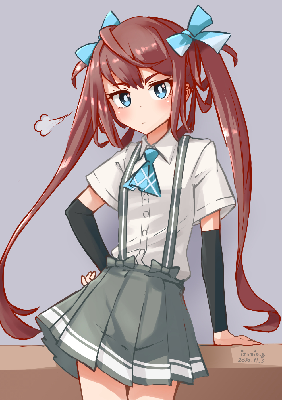 1girl, =3, arm_warmers, asagumo_(kantai_collection), ascot, blue_neckwear, brown_hair, commentary_request