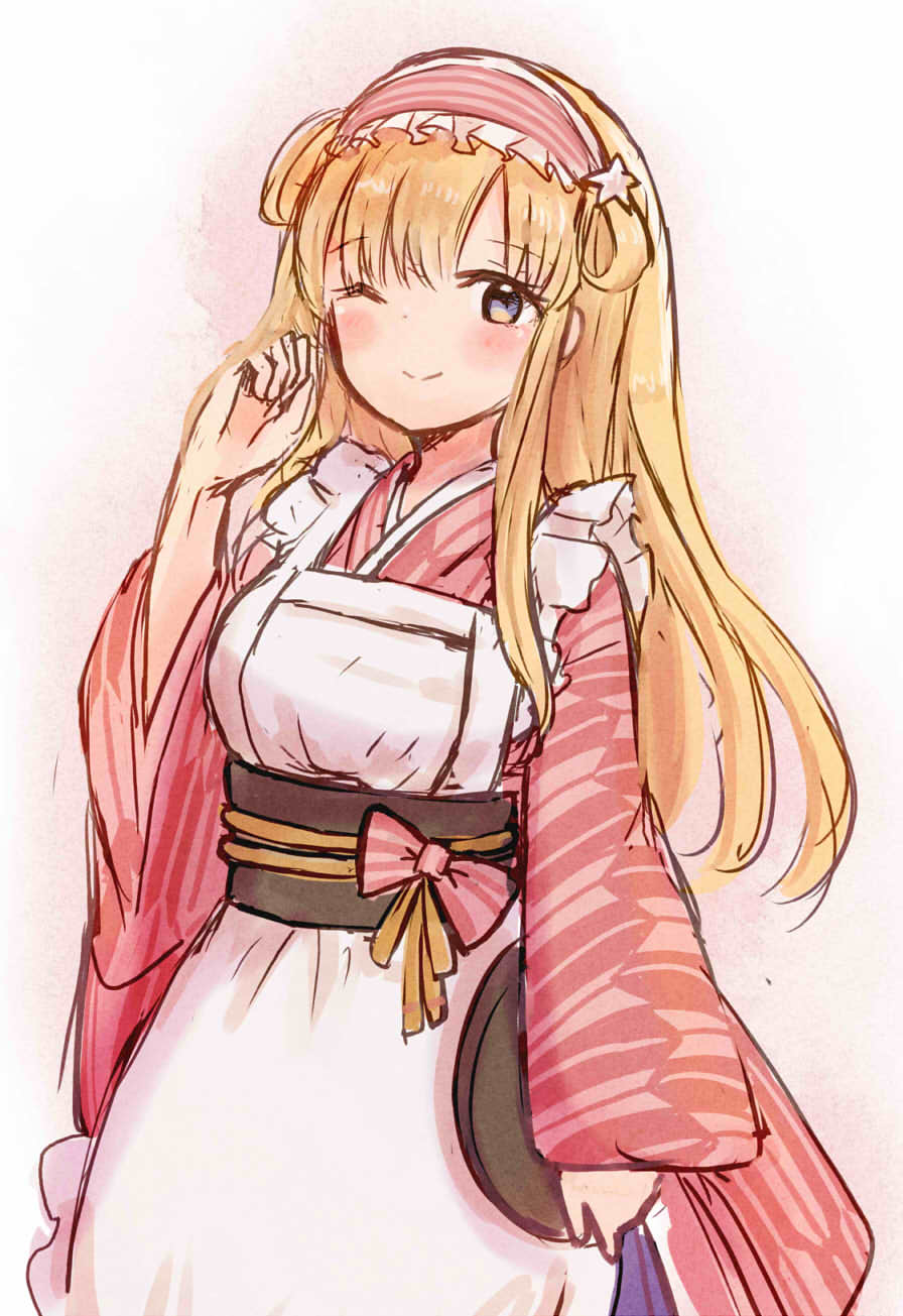 1girl, apron, blonde_hair, blue_eyes, blue_hakama, commentary_request, cosplay, double_bun, fletcher_(kantai_collection), frilled_apron, frills, hairband, hakama, highres, japanese_clothes, johnston_(kantai_collection), johnston_(kantai_collection)_(cosplay), kantai_collection, kimono, long_hair, one_eye_closed, pink_hairband, pink_kimono, smile, solo, standing, tray, wa_maid, waitress, white_apron, wss_(nicoseiga19993411), yagasuri