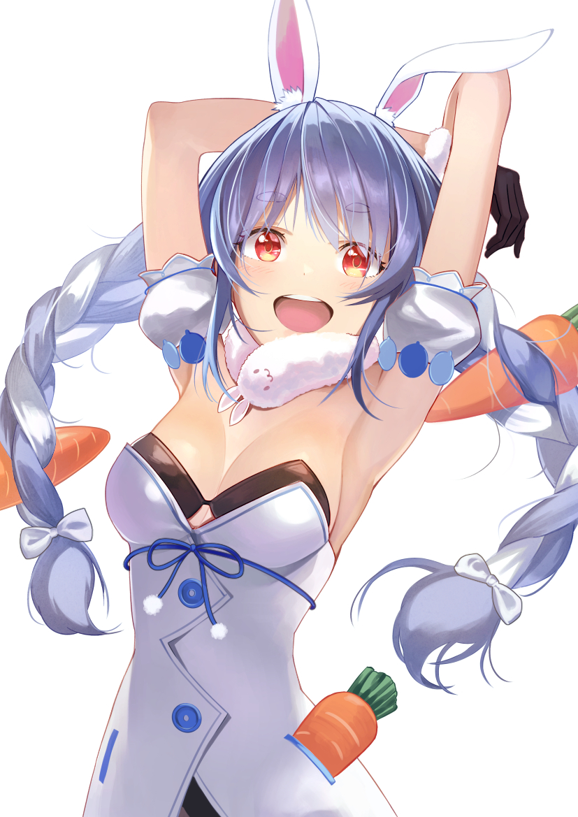 1girl, animal_ear_fluff, animal_ears, armpits, arms_up, black_gloves, blue_hair, braid