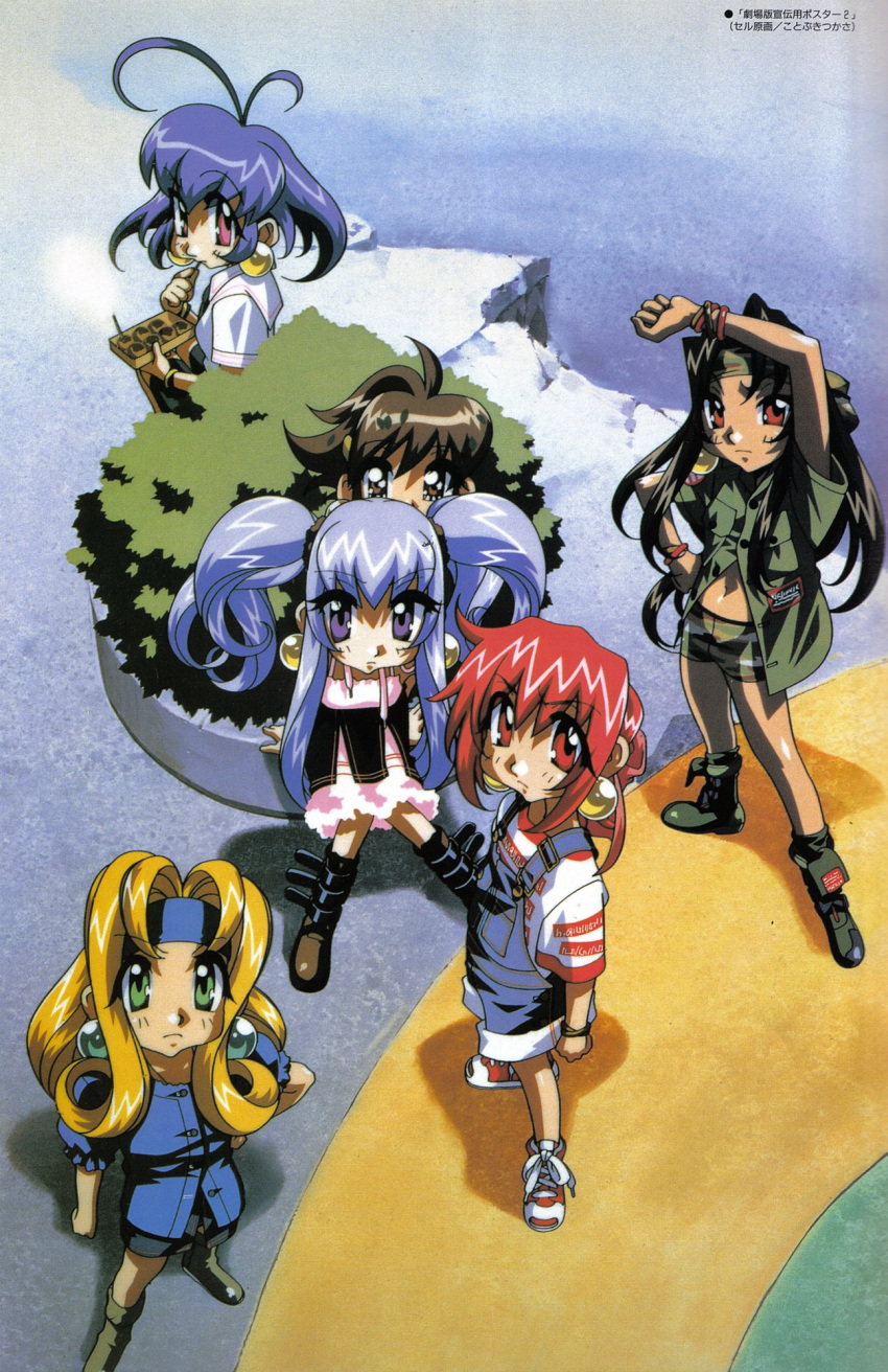 akihabara_dennou_gumi, antenna_hair, black_hair, blonde_hair, blue_eyes, blue_hair, boots, brown_eyes, camouflage, camouflage_shorts, earrings, eating, eyebrows_visible_through_hair, from_above, green_eyes, hanakoganei_hibari, headband, higashijuujou_tsugumi, highres, jewelry, kotobuki_tsukasa, light_blue_hair, long_hair, looking_at_viewer, navel, official_art, otorii_tsubame, partially_unbuttoned, red_eyes, redhead, sakurajosui_suzume, scan, sengakuji_kamome, serious, shoes, short_hair, shorts, sidelocks, sitting, sneakers, standing, twintails, violet_eyes