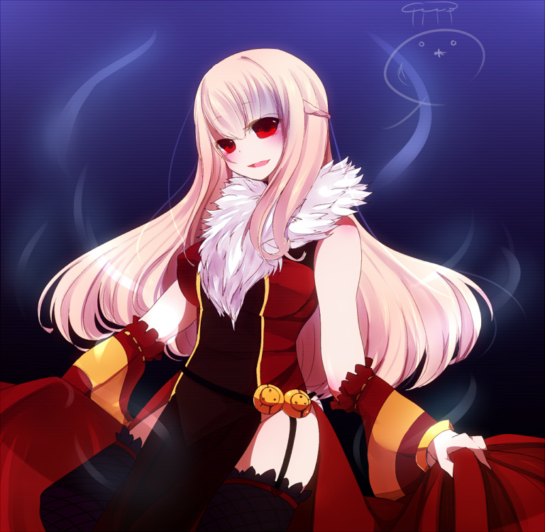 1girl, bangs, bio_lab, black_background, black_legwear, blonde_hair, blush, body_blush, breasts, celia_alde, commentary_request, cowboy_shot, detached_sleeves, dress, eyebrows_visible_through_hair, eyes_visible_through_hair, fishnet_legwear, fishnets, fur_collar, garter_straps, gradient, gradient_background, hair_between_eyes, head_tilt, holding, holding_clothes, holding_dress, large_breasts, long_hair, looking_at_viewer, monocco, open_mouth, professor_(ragnarok_online), purple_background, ragnarok_online, red_dress, revealing_clothes, ribbon-trimmed_sleeves, ribbon_trim, shaded_face, sleeveless, sleeveless_dress, solo, thigh-highs