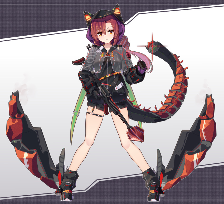 1girl, animal_ears, assault_rifle, black_footwear, black_gloves, black_hoodie, black_legwear, black_shorts, brotherhood_of_nod, capelet, command_and_conquer, ddt_(darktrident), full_body, gloves, gun, highres, hood, hoodie, looking_at_viewer, loose_socks, mecha_musume, medium_hair, redhead, rifle, shoes, short_shorts, shorts, smirk, socks, solo, standing, thigh_strap, two-tone_background, weapon, yellow_eyes
