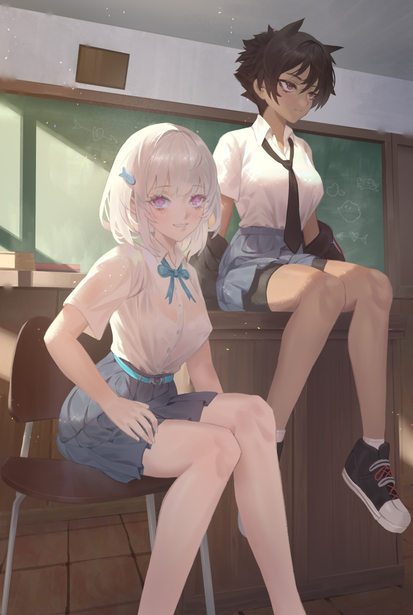 2girls, absurdres, bike_shorts, bow, brown_hair, cirilla, classroom, dark_skin