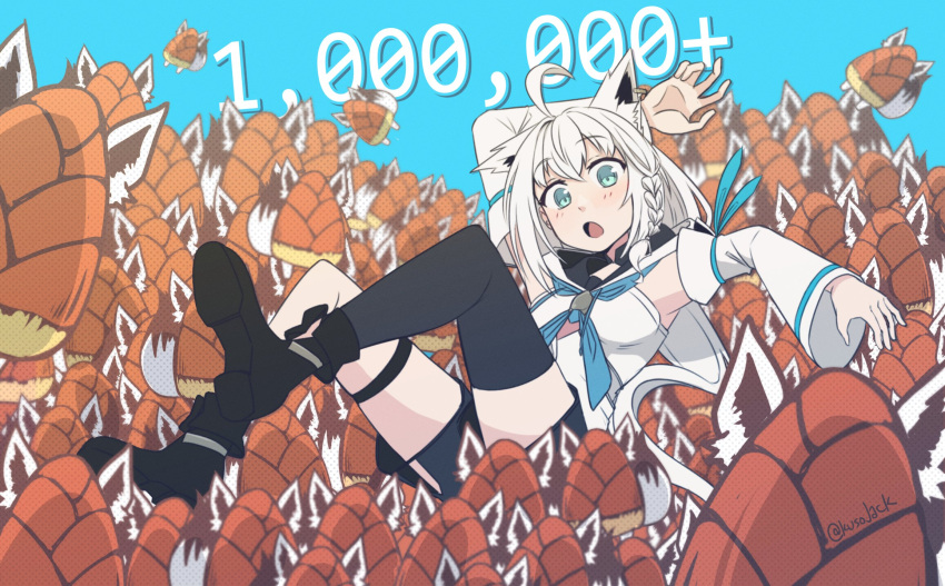 1girl, ahoge, animal_ears, aqua_eyes, asymmetrical_legwear, bamboo_shoot, black_shorts, blue_background