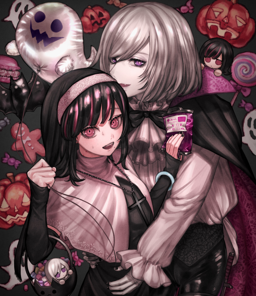 1boy, 1girl, :d, akudama_drive, balloon, bat, black_cape, black_hair