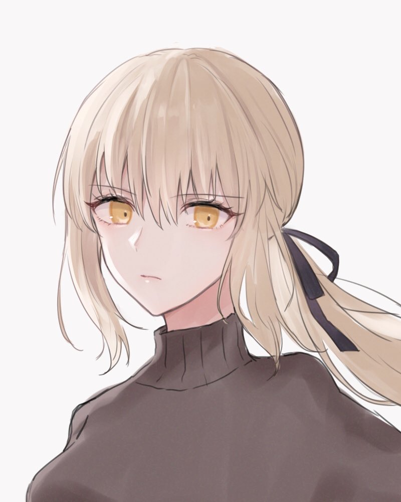 1girl, alternate_costume, artoria_pendragon_(all), black_ribbon, blonde_hair, brown_sweater, expressionless, fate/stay_night