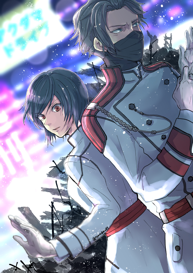 1boy, 1girl, aiguillette, akudama_drive, artist_name, black_hair, disciple_(akudama_drive), grey_hair, long_sleeves, mask, master_(akudama_drive), neon_lights, nyangorobei, outdoors, red_eyes, short_hair, standing, uniform