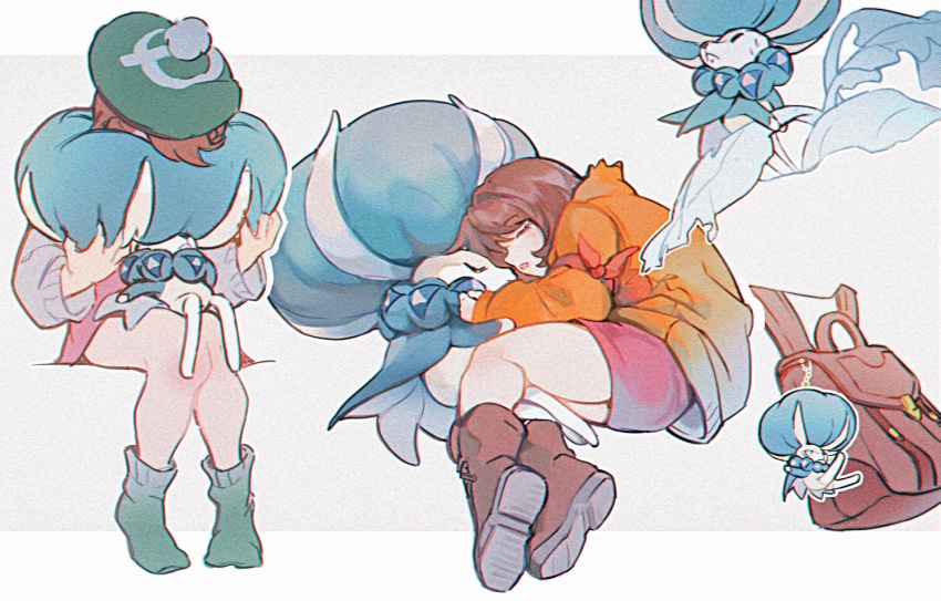 1girl, arm_ribbon, backpack, bag, bangs, boots, brown_backpack, brown_footwear, brown_hair, calyrex, cardigan, commentary_request, dress, expedition_uniform, gen_8_pokemon, gloria_(pokemon), green_headwear, green_legwear, grey_cardigan, hat, jacket, legendary_pokemon, long_sleeves, lying, multiple_views, nanami_(m_os), on_side, orange_jacket, pink_dress, pokemon, pokemon_(creature), pokemon_(game), pokemon_swsh, red_ribbon, ribbon, sleeping, socks, tam_o'_shanter