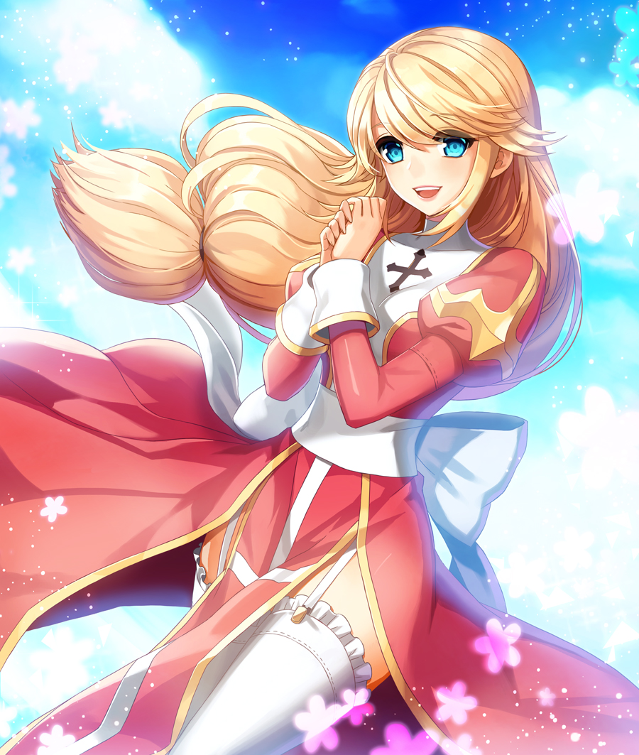 1girl, bangs, blonde_hair, blue_eyes, blush, bow, clouds, commentary, cowboy_shot, cross, dress, dutch_angle, eyebrows_visible_through_hair, eyes_visible_through_hair, garter_straps, hair_between_eyes, hands_together, high_priest_(ragnarok_online), juliet_sleeves, large_bow, leona_(pixiv), long_hair, long_sleeves, looking_at_viewer, low-tied_long_hair, margaretha_solin, open_mouth, puffy_sleeves, ragnarok_online, red_dress, sash, shiny, shiny_hair, sky, solo, sparkle, standing, thigh-highs, two-tone_dress, upper_teeth, white_bow, white_dress, white_legwear