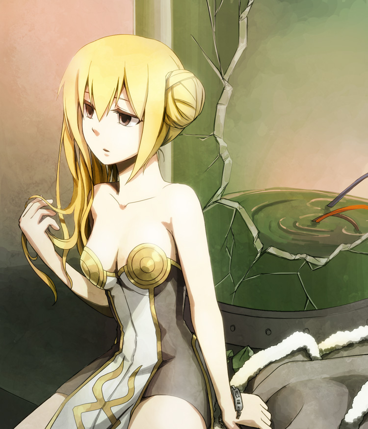 1girl, arm_at_side, asymmetrical_hair, bangs, bare_shoulders, bio_lab, blonde_hair, breasts