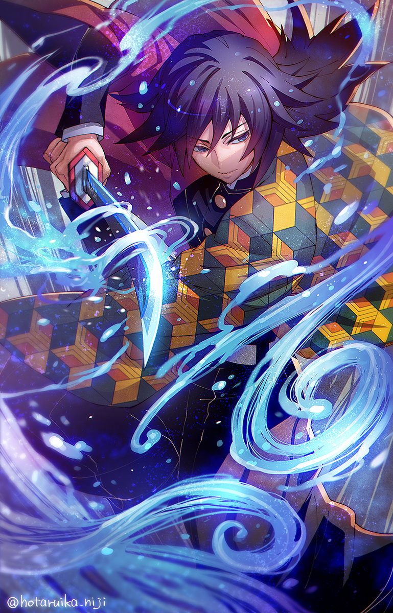 1boy, bangs, black_hair, black_jacket, black_pants, blue_eyes, closed_mouth, commentary_request