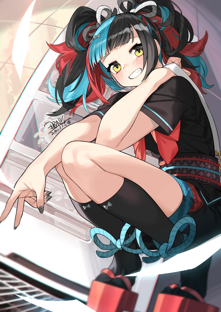 1girl, absurdres, bag, black_nails, dated, fate/grand_order, fate_(series), grin, handbag, highres, multicolored_hair, over_shoulder, sei_shounagon_(fate), seyana, signature, smile, squatting, twintails, vending_machine, yellow_eyes