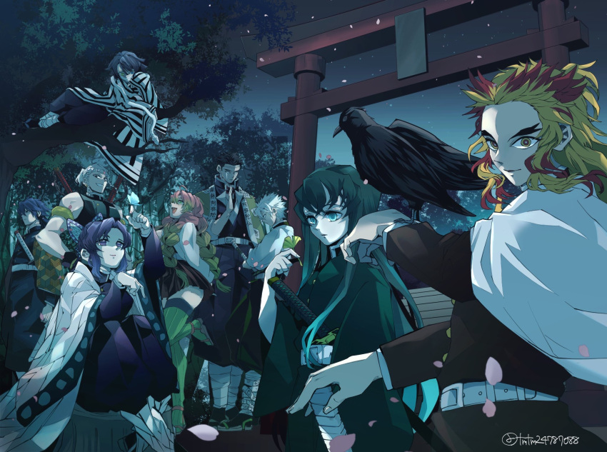 2girls, 6+boys, :d, ankle_wrap, aqua_eyes, aqua_hair, arm_up, arms_behind_back