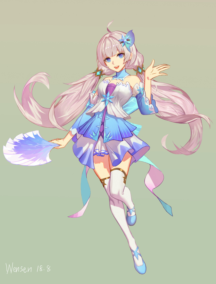 1girl, :d, absurdres, ahoge, artist_name, ballet_slippers, bangs, blue_eyes