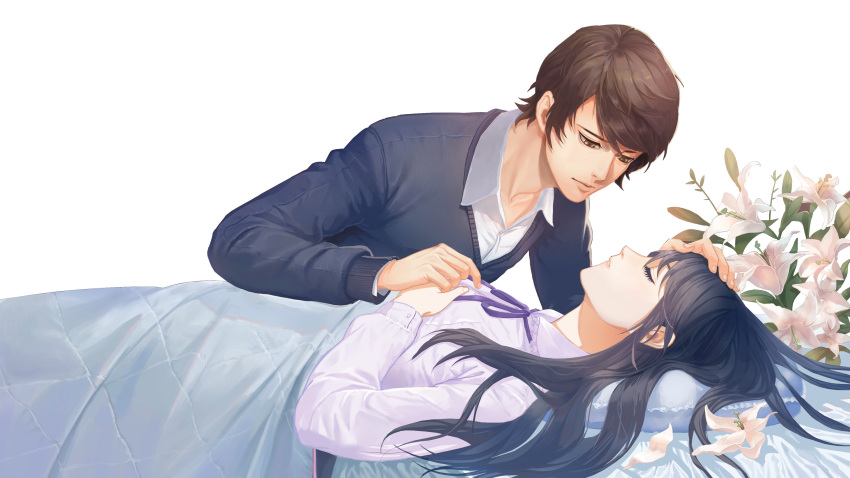 1boy, 1girl, absurdres, black_hair, brown_eyes, brown_hair, closed_eyes, dong_wensen
