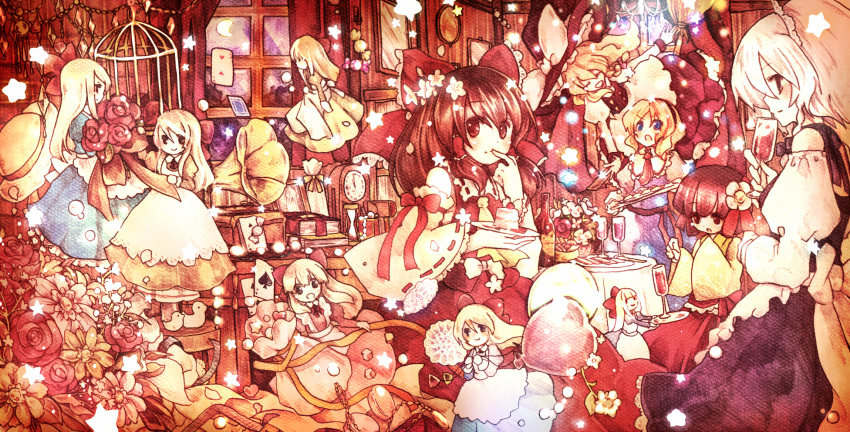 balloon, cake, card, clock, doll, floating_card, flower, food