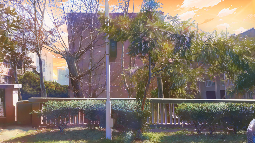 absurdres, bare_tree, building, bush, dong_wensen, fence, highres, no_humans