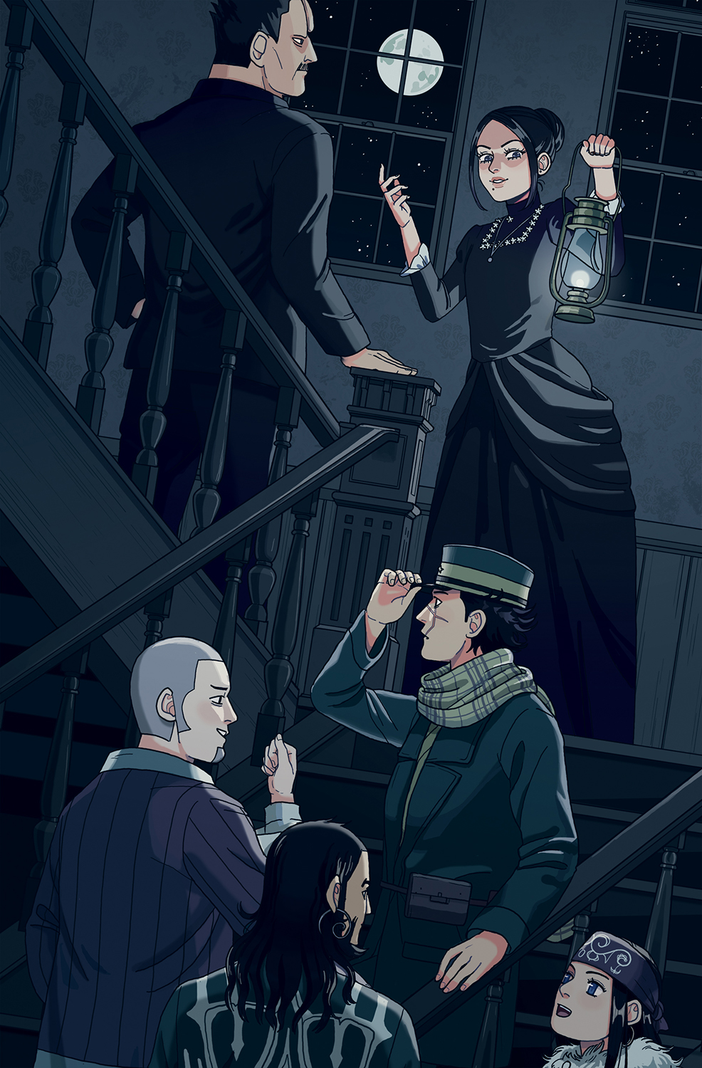 1girl, 6+boys, asirpa, beard, black_dress, black_hair, black_pants, dress
