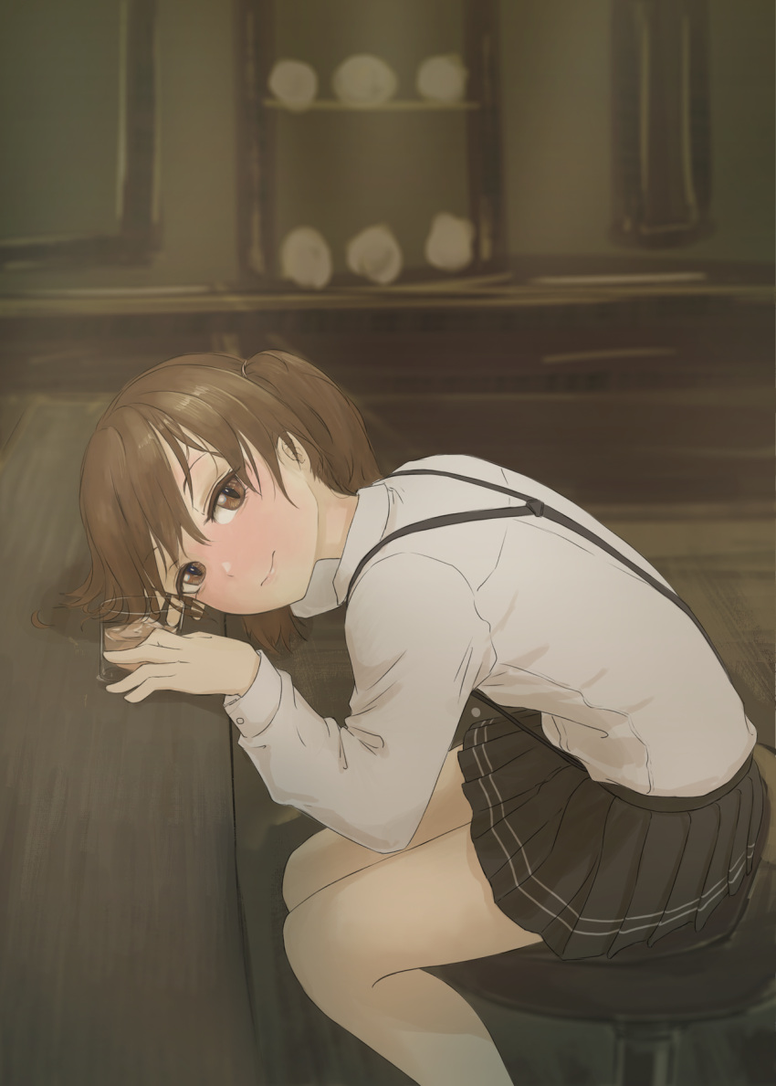1girl, alcohol, blush, brown_eyes, brown_hair, drunk, head_on_table, highres
