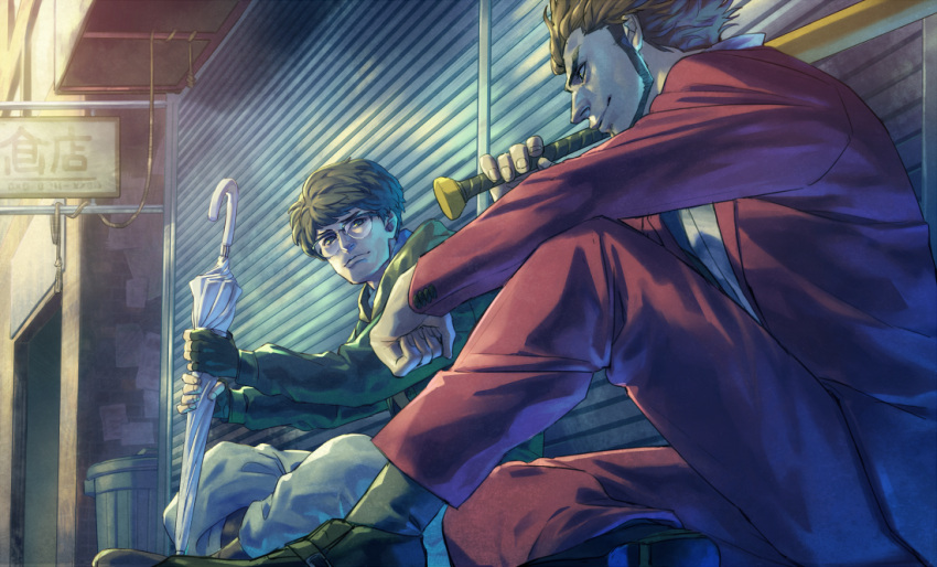 2boys, baseball_bat, black_footwear, black_hair, brown_hair, fingerless_gloves, glasses, gloves