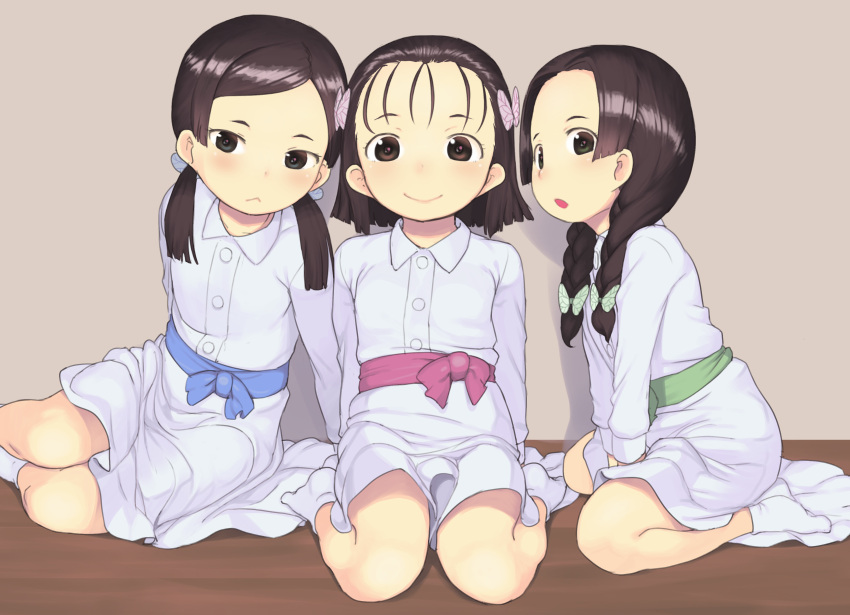 3girls, :>, :<, :o, absurdres, arm_rest, bangs, between_legs, blue_bow, blue_ribbon, blue_sash, bow, braid, brown_hair, butterfly_hair_ornament, collared_dress, commentary_request, full_body, green_bow, green_ribbon, green_sash, hair_ornament, hand_between_legs, highres, indoors, kawamura_tenmei, kimetsu_no_yaiba, long_hair, long_sleeves, looking_at_viewer, low_twintails, multiple_girls, nakahara_sumi, parted_bangs, pink_bow, pink_ribbon, pink_sash, ribbon, sash, seiza, short_hair, sitting, smile, socks, swept_bangs, takada_naho, terauchi_kiyo, twin_braids, twintails, v_arms, white_legwear, wide_sleeves, wing_collar, yokozuwari