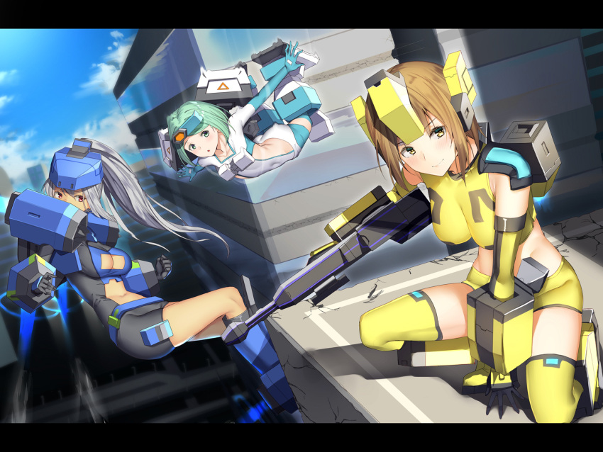 3girls, bangs, breasts, brown_eyes, brown_hair, character_request, cleavage_cutout, clothing_cutout